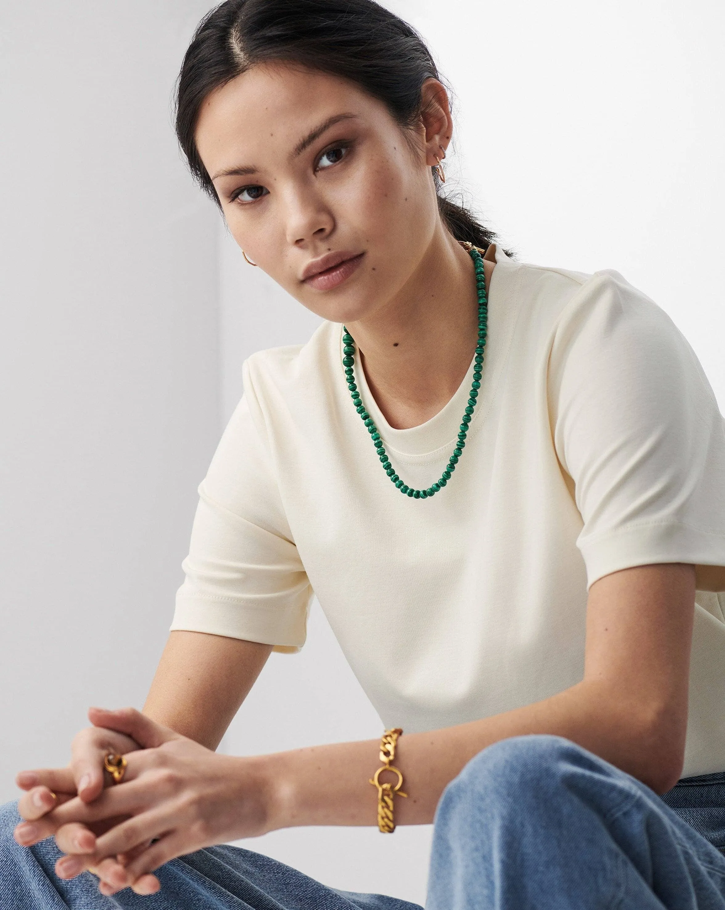 Graduated Sphere T-Bar Necklace | 18ct Gold Plated/Malachite