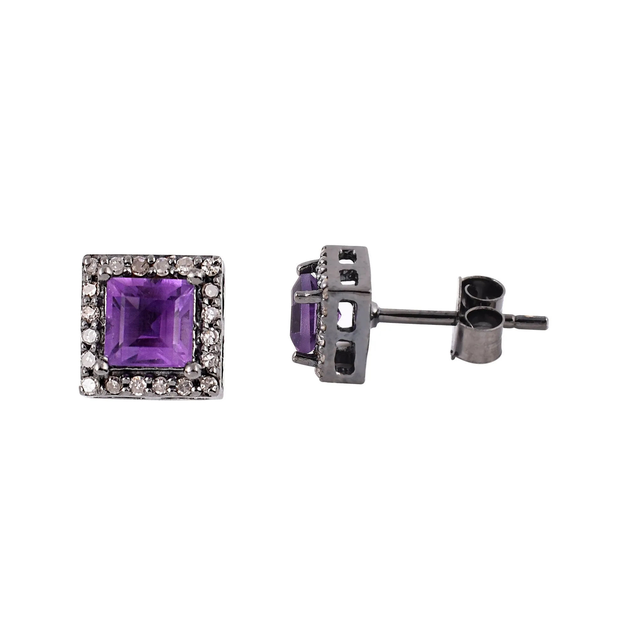 Halo Diamond Square Amethyst Earrings