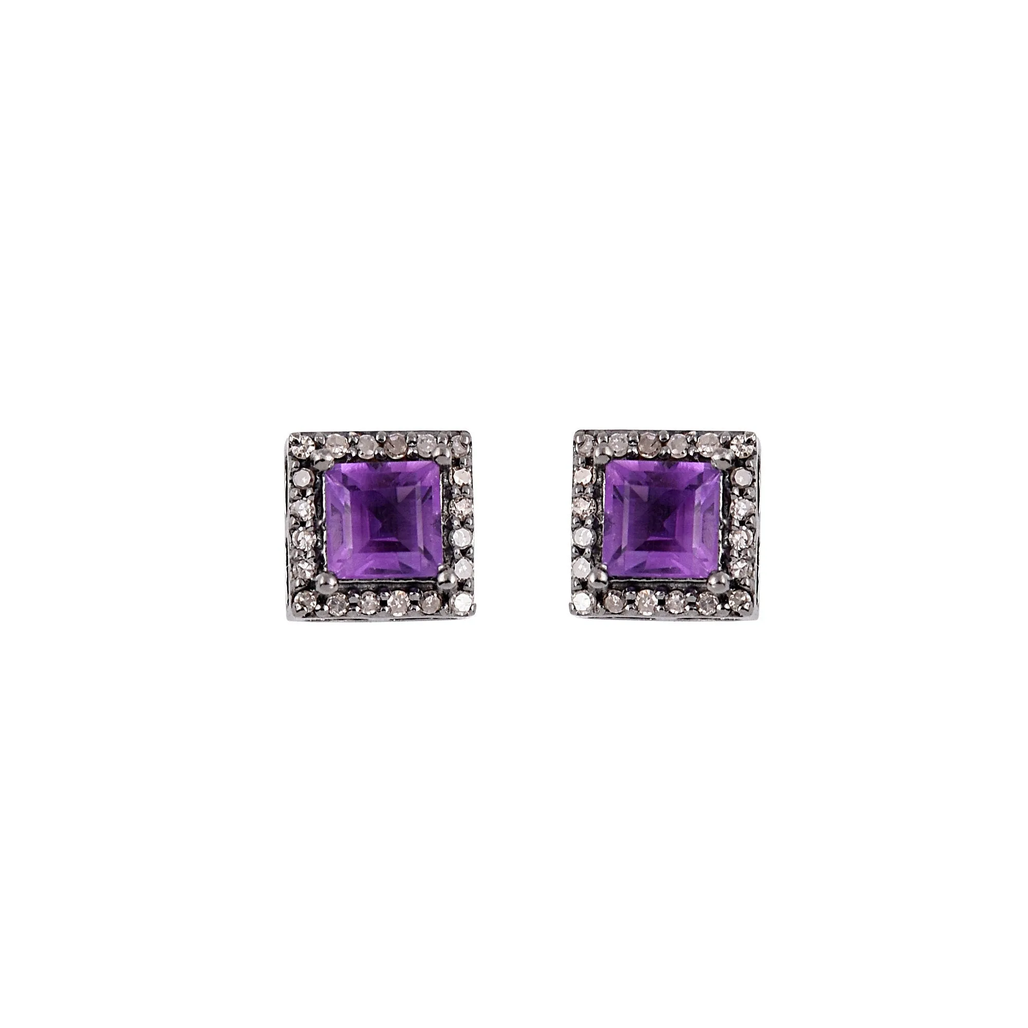 Halo Diamond Square Amethyst Earrings