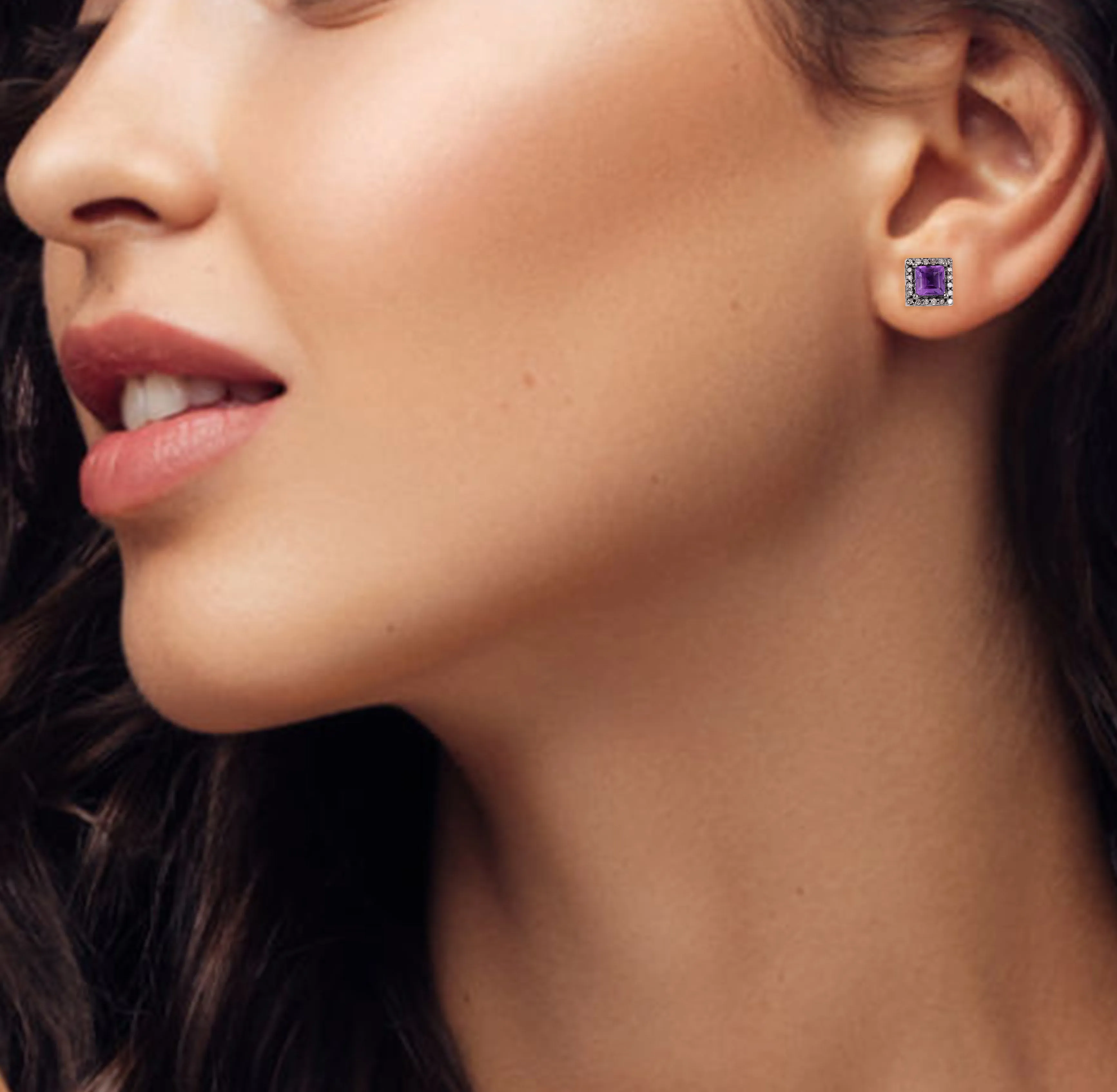 Halo Diamond Square Amethyst Earrings