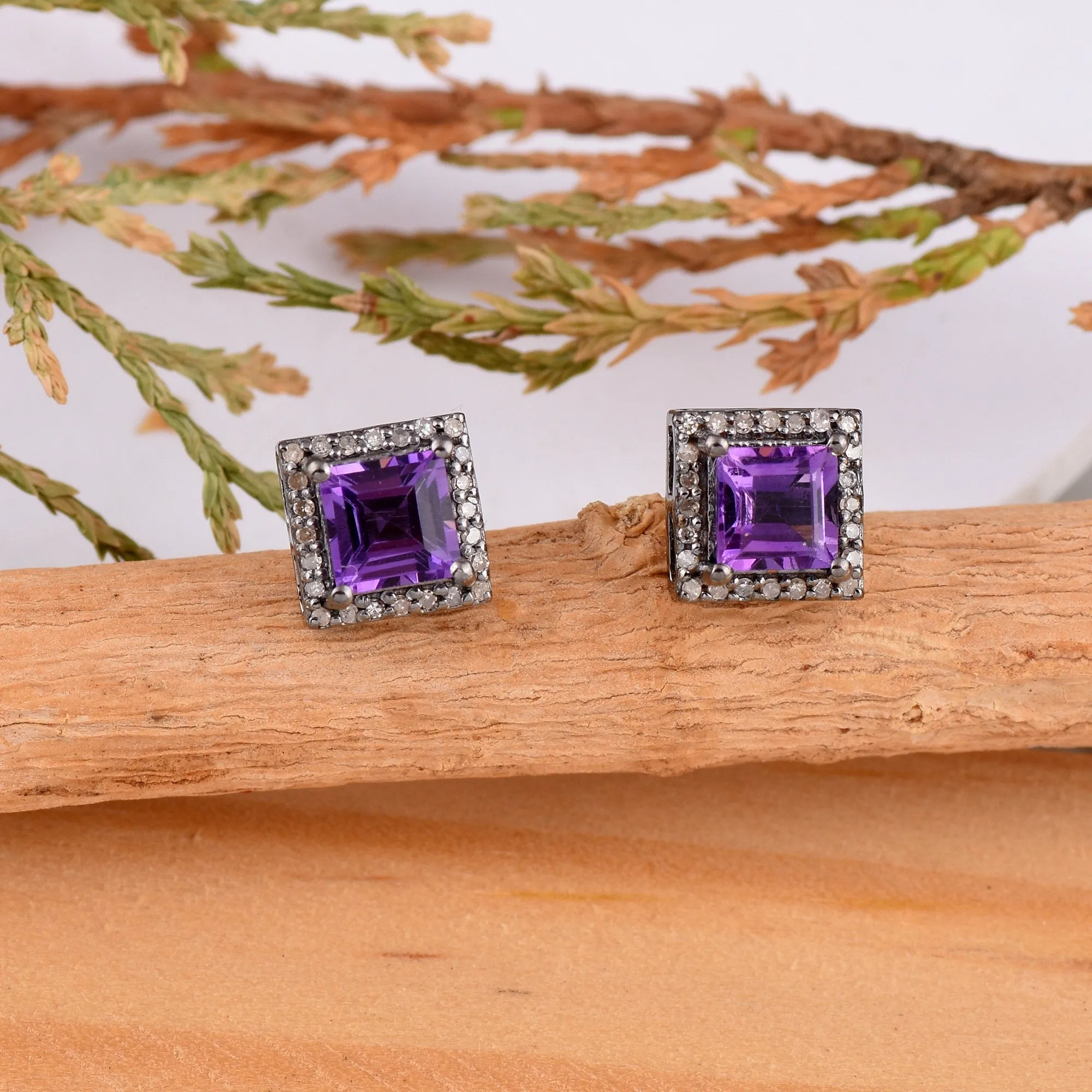 Halo Diamond Square Amethyst Earrings