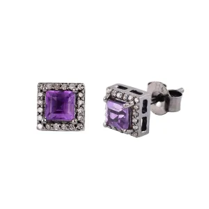 Halo Diamond Square Amethyst Earrings