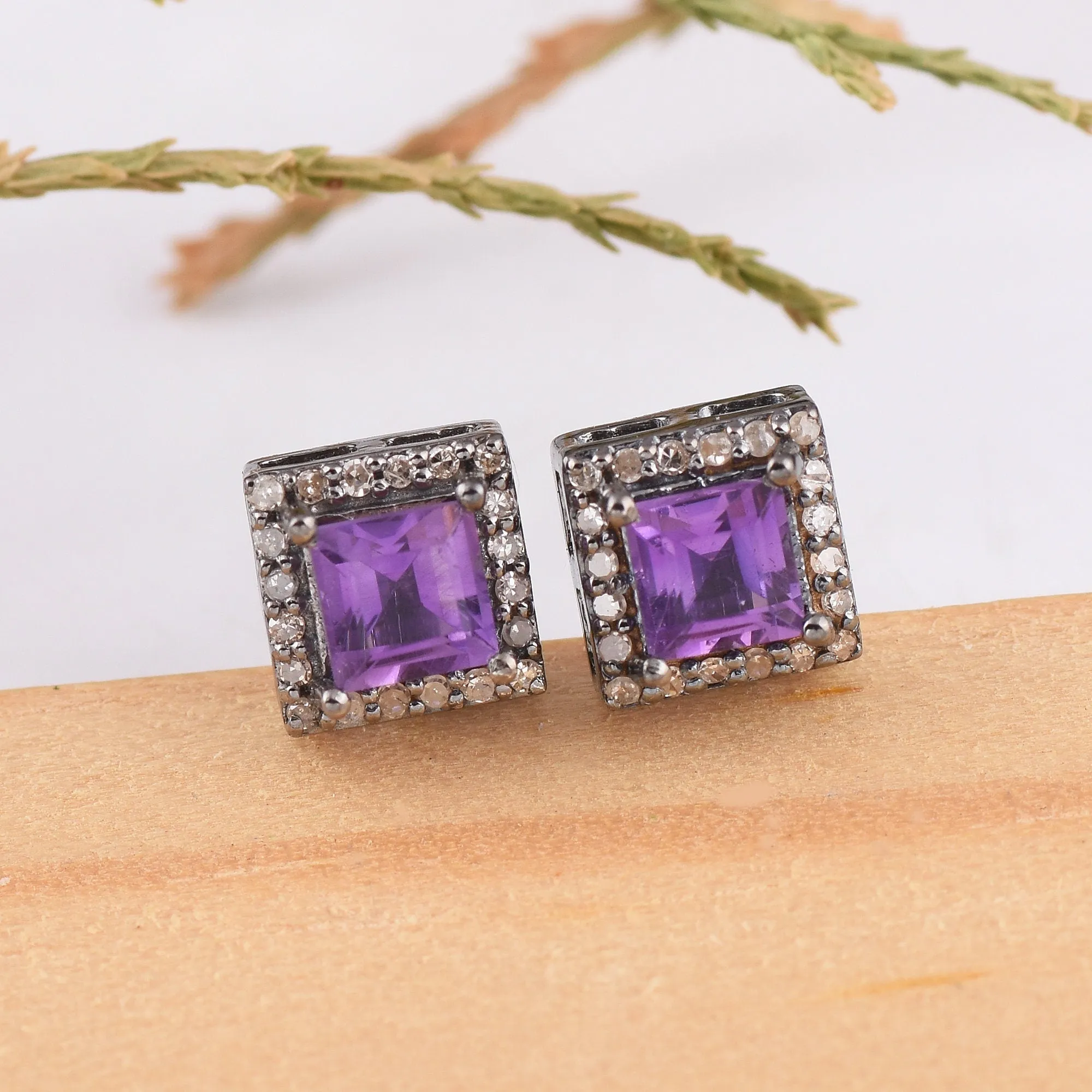 Halo Diamond Square Amethyst Earrings