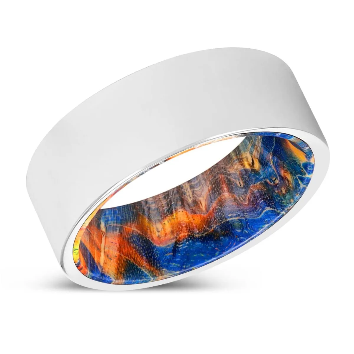 HARTMAN | Blue & Yellow/Orange Wood, Silver Tungsten Ring, Shiny, Flat