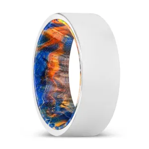 HARTMAN | Blue & Yellow/Orange Wood, Silver Tungsten Ring, Shiny, Flat