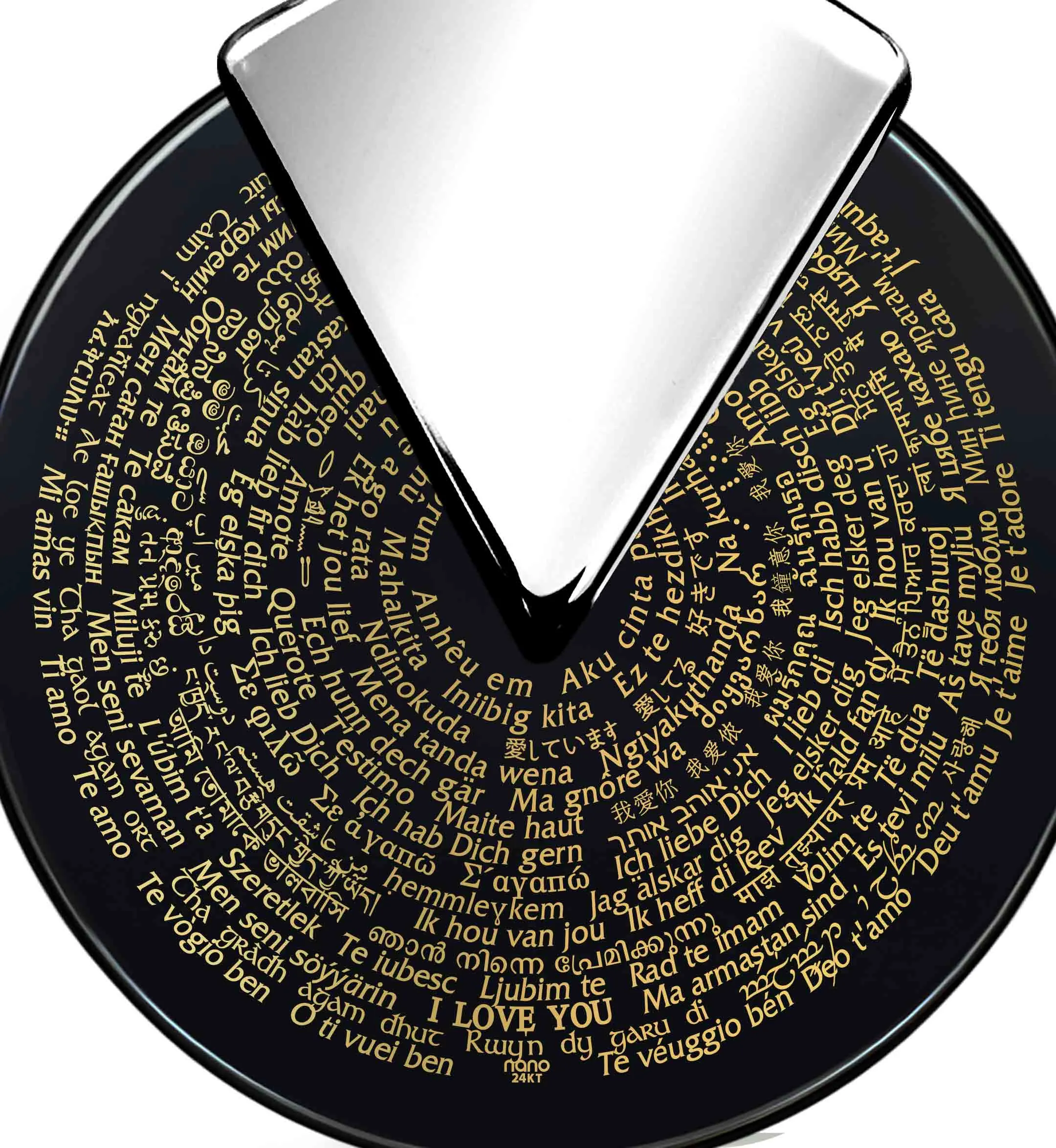 I Love You Necklace Set 24k Gold Inscribed in 120 Languages on Round Spinning Onyx