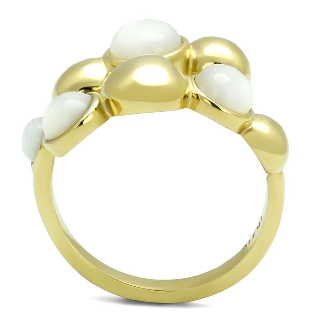 IP Gold(Ion Plating) Stainless Steel Ring with Semi-Precious Coral in Aurora Borealis (Rainbow Effect) for Women Style TK3090