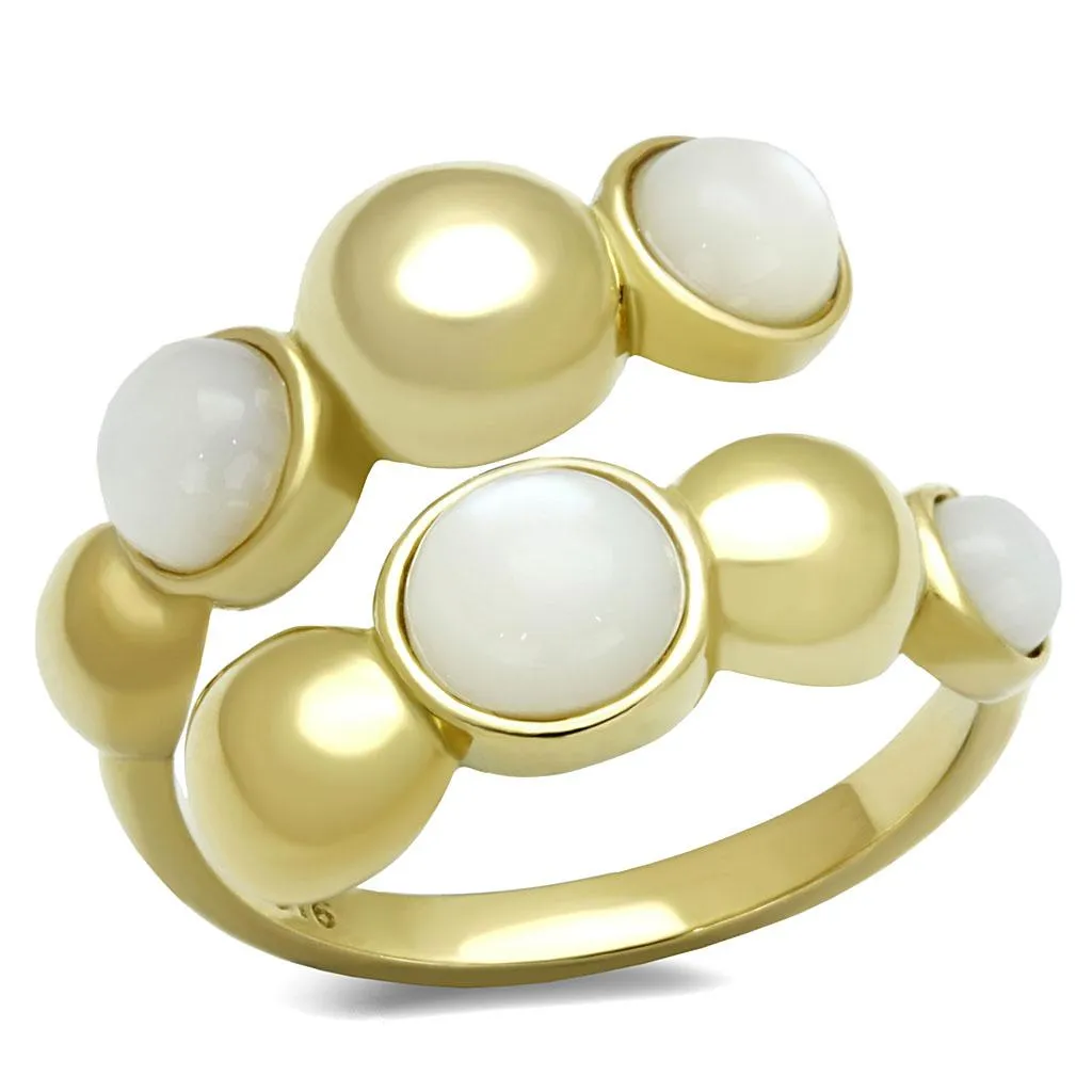 IP Gold(Ion Plating) Stainless Steel Ring with Semi-Precious Coral in Aurora Borealis (Rainbow Effect) for Women Style TK3090