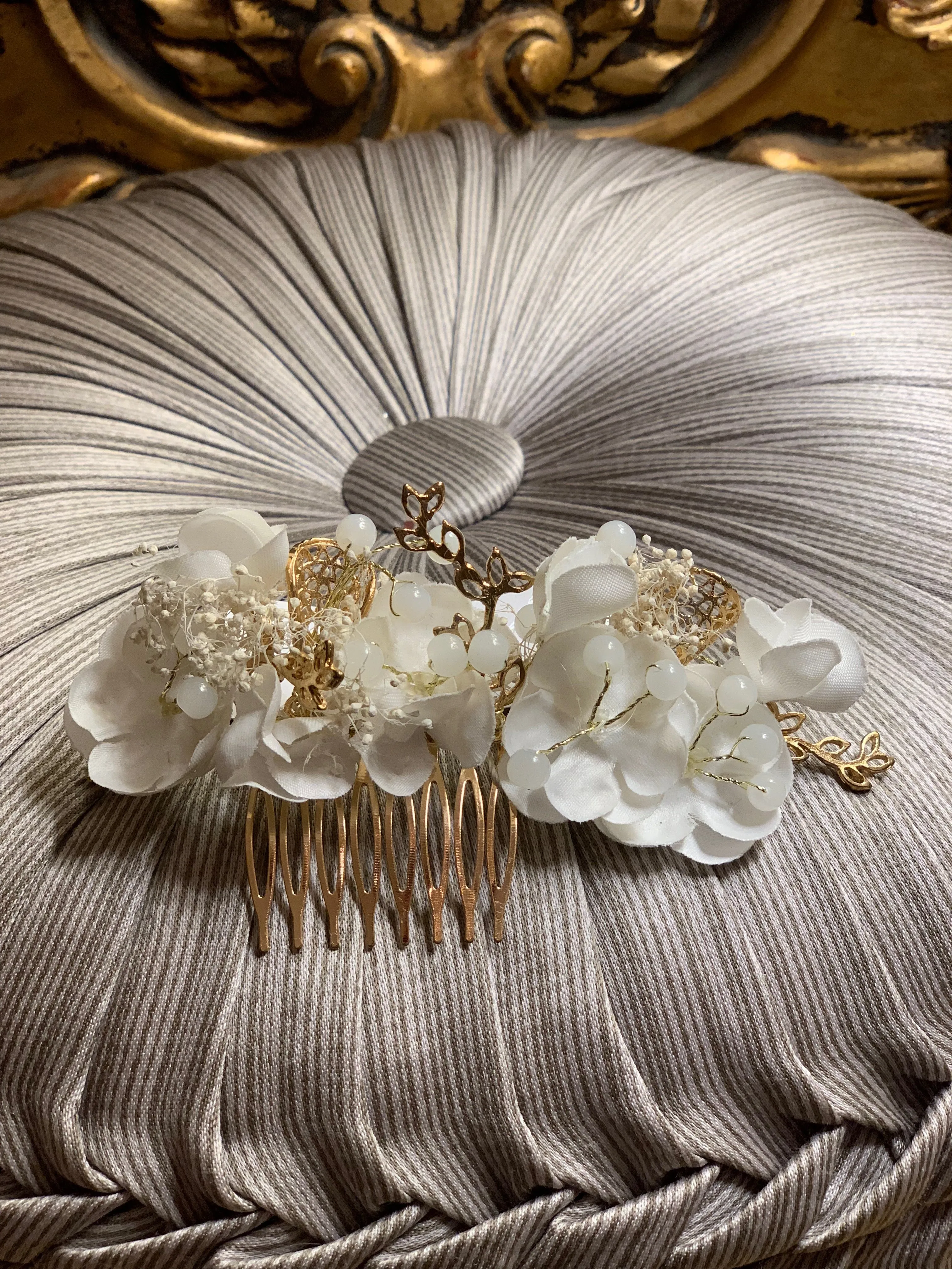 Ivory and Gold Flower Hair Comb