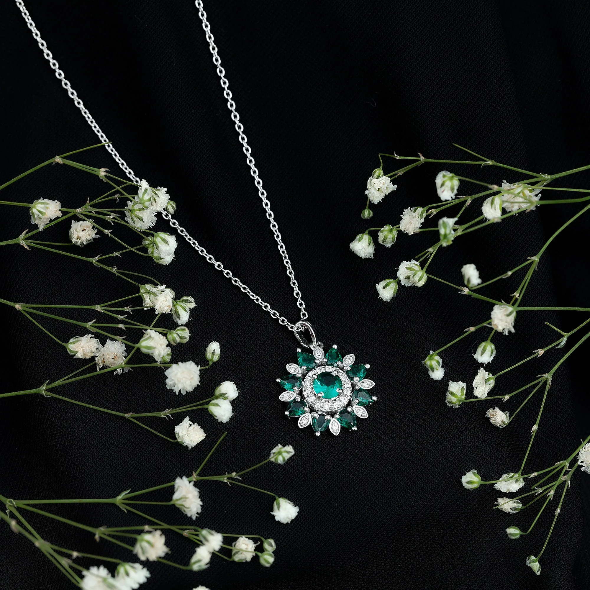 Lab Created Emerald Flower Cocktail Pendant with Diamond