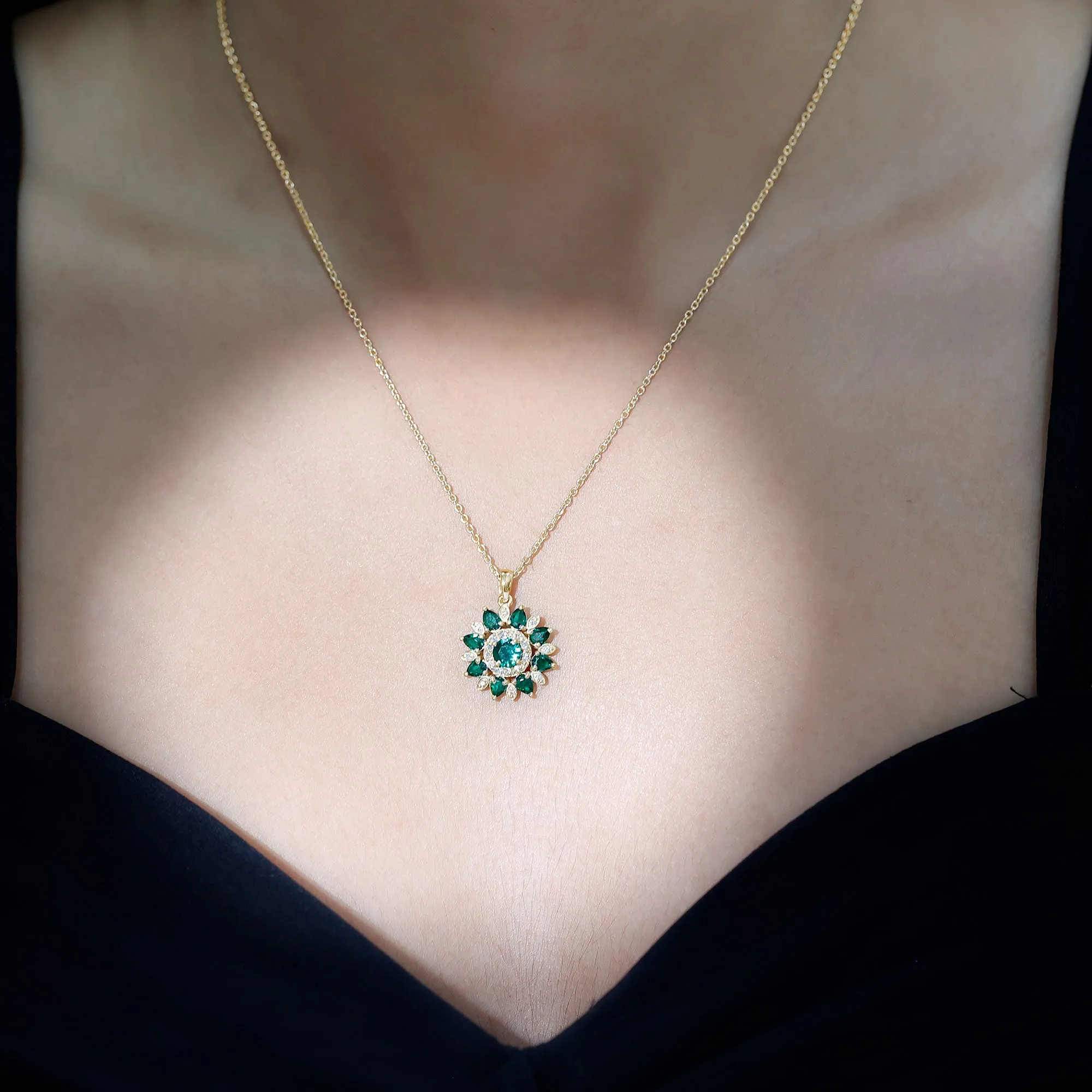 Lab Created Emerald Flower Cocktail Pendant with Diamond