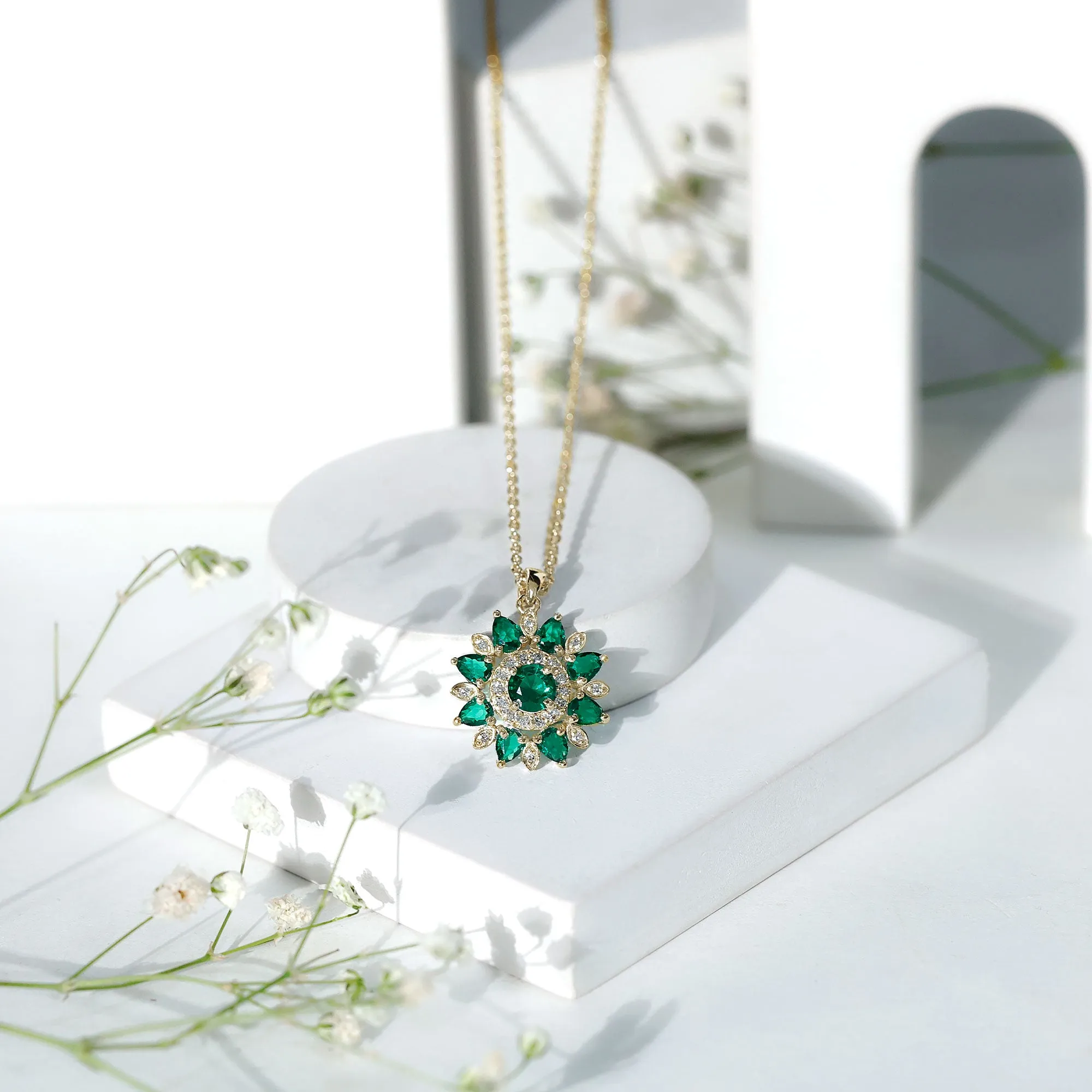 Lab Created Emerald Flower Cocktail Pendant with Diamond