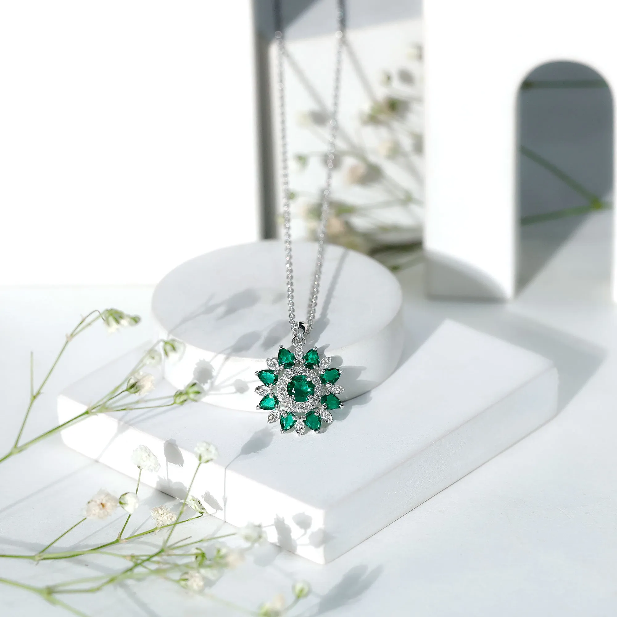 Lab Created Emerald Flower Cocktail Pendant with Diamond