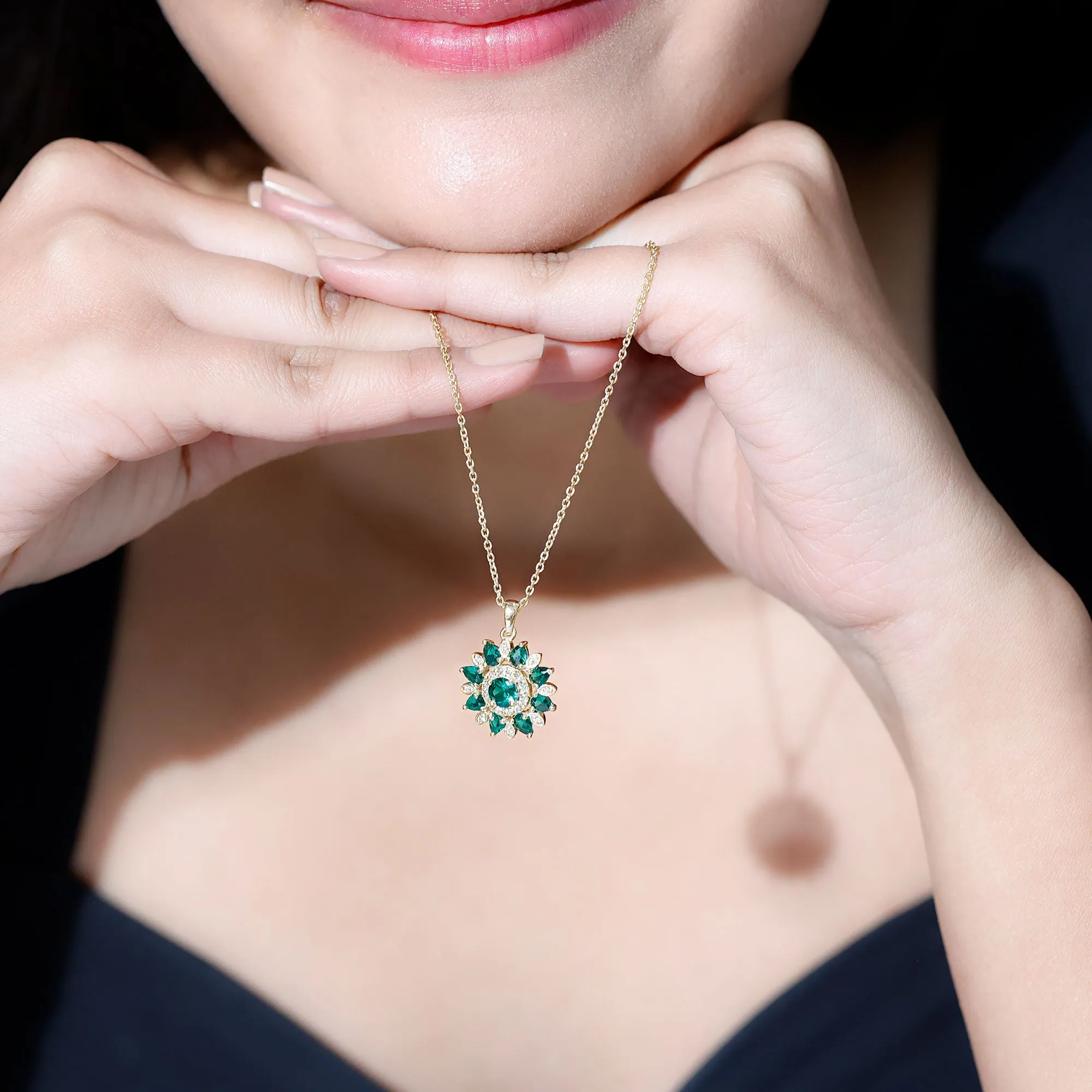 Lab Created Emerald Flower Cocktail Pendant with Diamond
