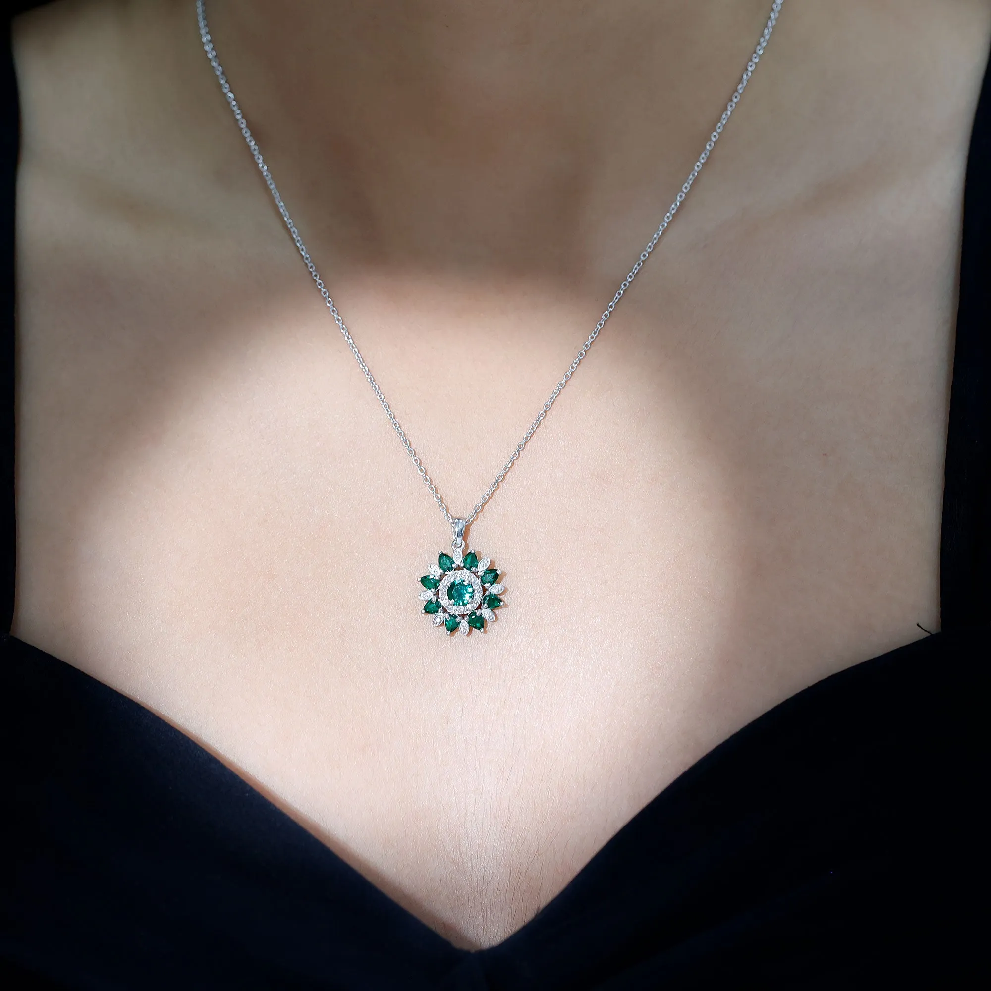 Lab Created Emerald Flower Cocktail Pendant with Diamond