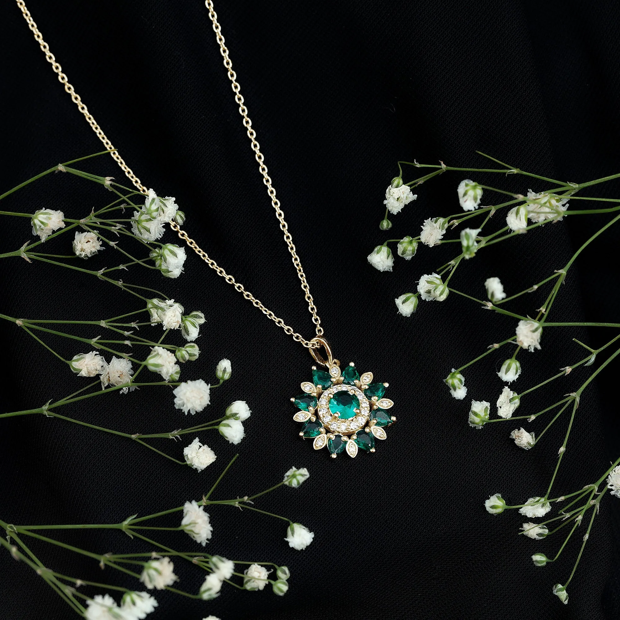 Lab Created Emerald Flower Cocktail Pendant with Diamond
