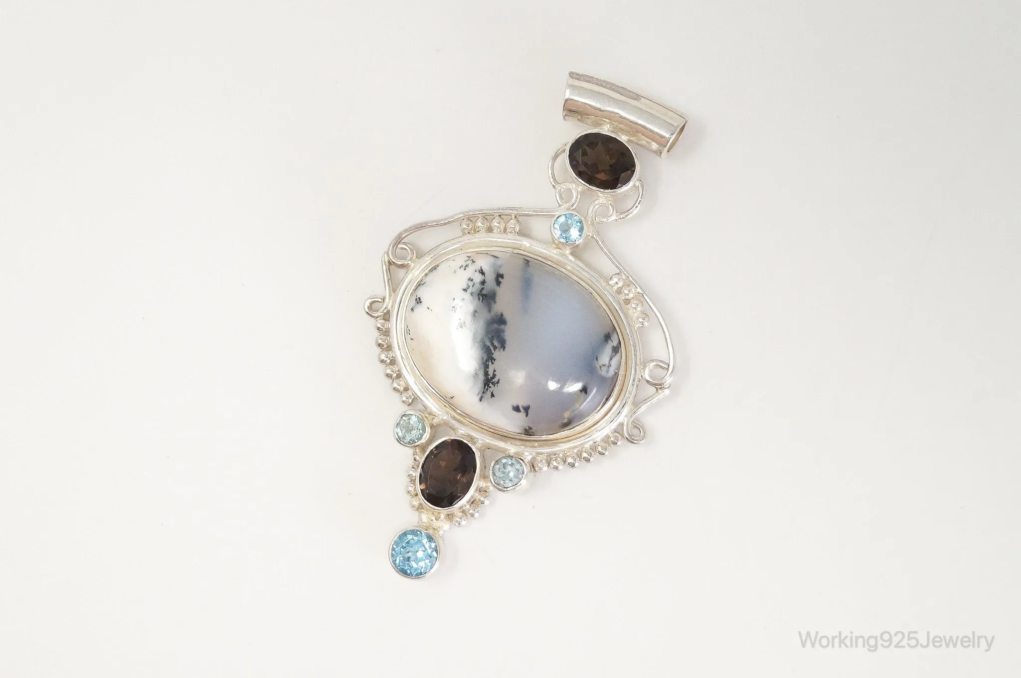 Large SAJEN Dendritic Agate Smoky Topaz Blue Topaz Sterling Silver Pendant