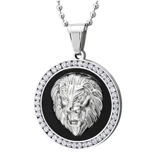 Men Women Steel Embossed Lion Head Circle Medal Pendant Necklace with CZ, Black Onyx, Silver Black