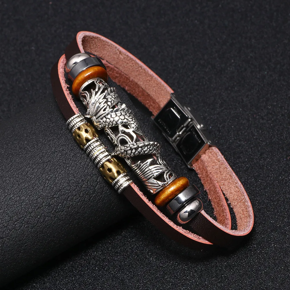 Men's Ethnic Style Chinese Dragon Stainless Steel Buckle Cattle Leather Bracelet Jewelry
