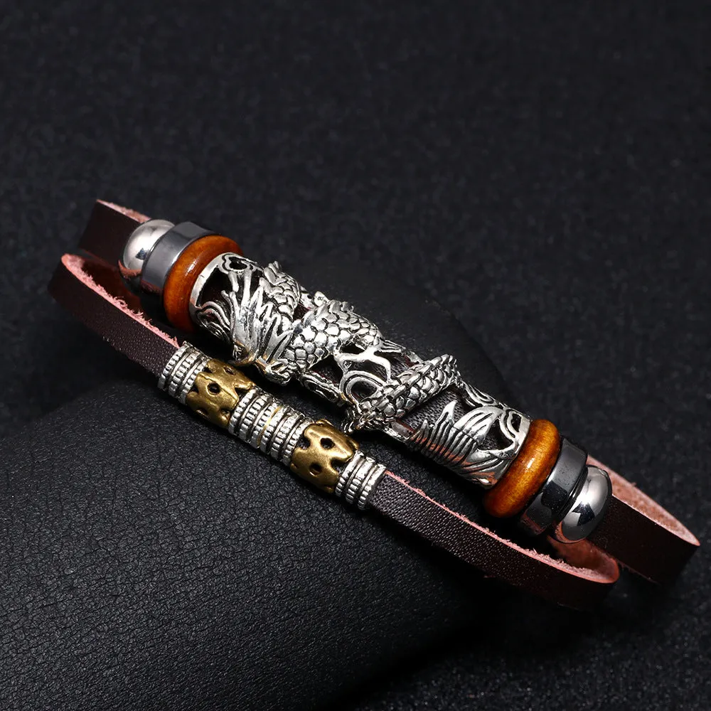 Men's Ethnic Style Chinese Dragon Stainless Steel Buckle Cattle Leather Bracelet Jewelry