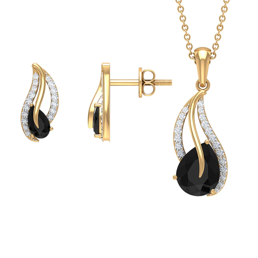 Minimal Teardrop jewelry Set with 3 CT Pear Cut Black Onyx and moissanite stones