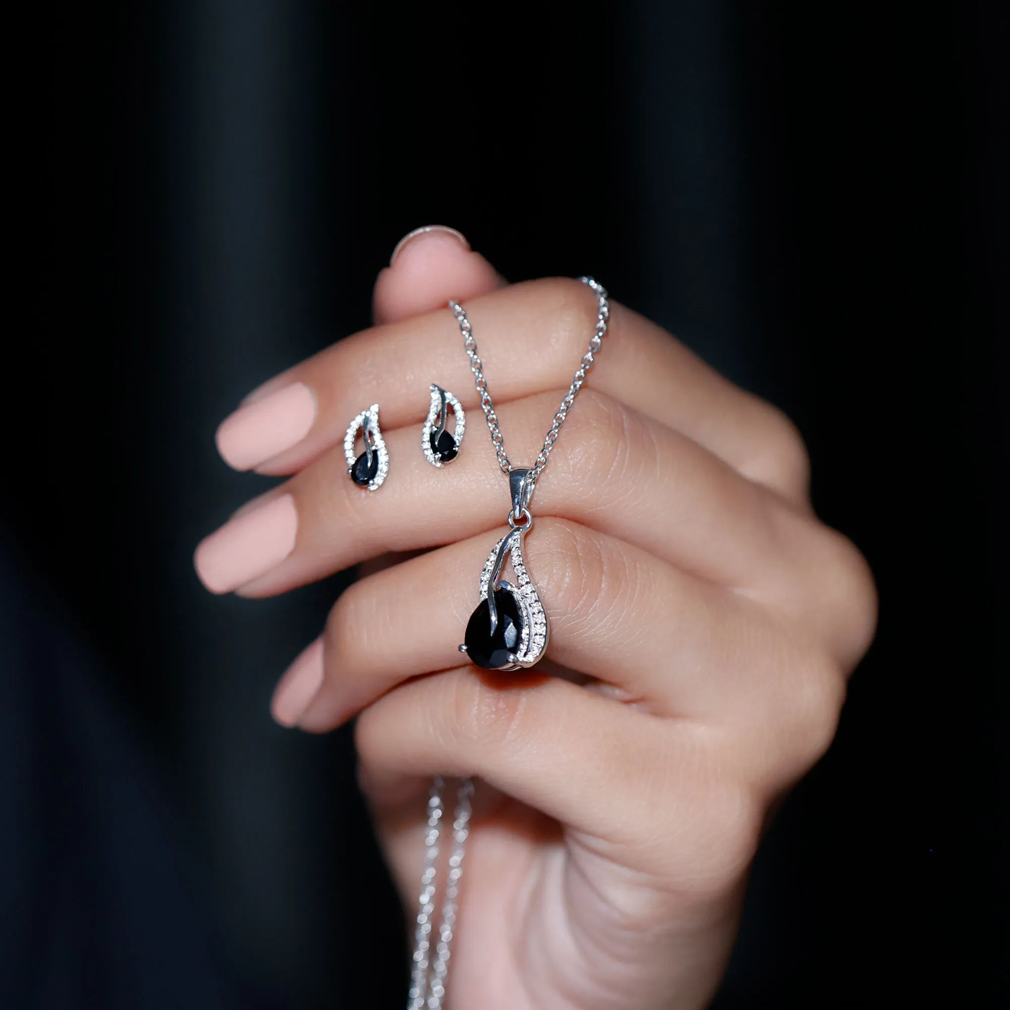 Minimal Teardrop jewelry Set with 3 CT Pear Cut Black Onyx and moissanite stones