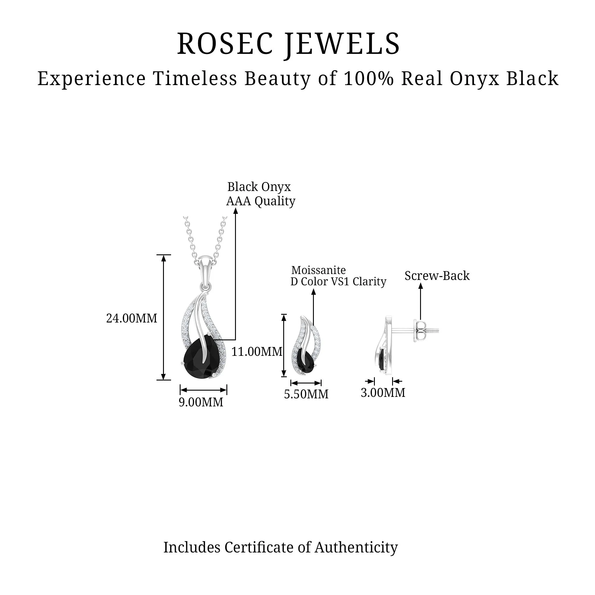 Minimal Teardrop jewelry Set with 3 CT Pear Cut Black Onyx and moissanite stones
