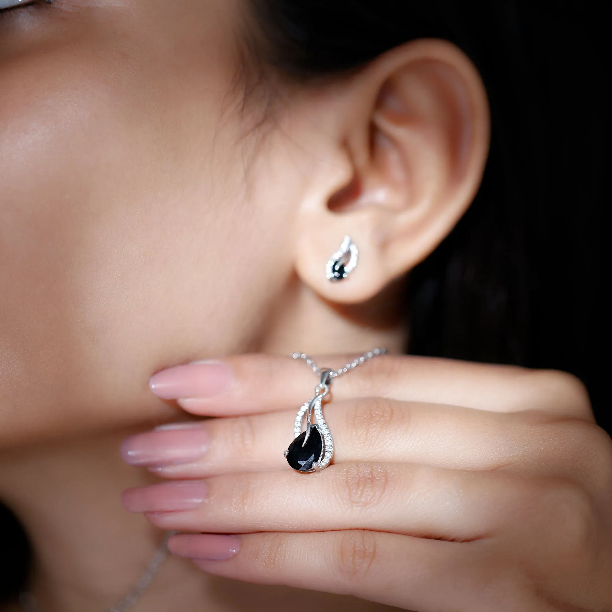 Minimal Teardrop jewelry Set with 3 CT Pear Cut Black Onyx and moissanite stones