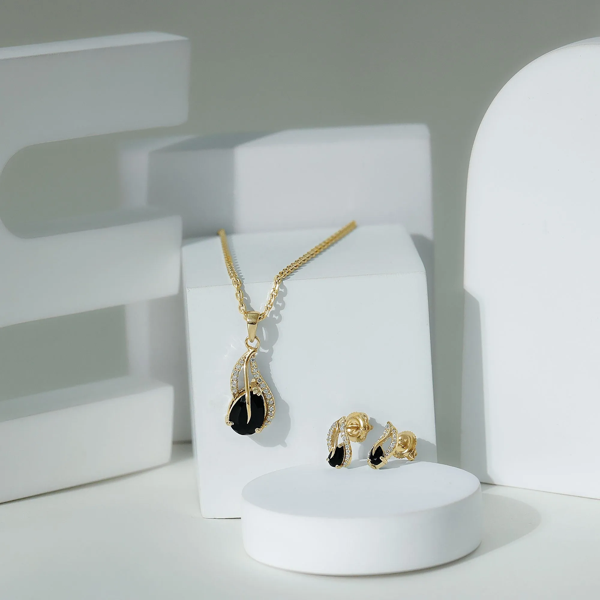 Minimal Teardrop jewelry Set with 3 CT Pear Cut Black Onyx and moissanite stones