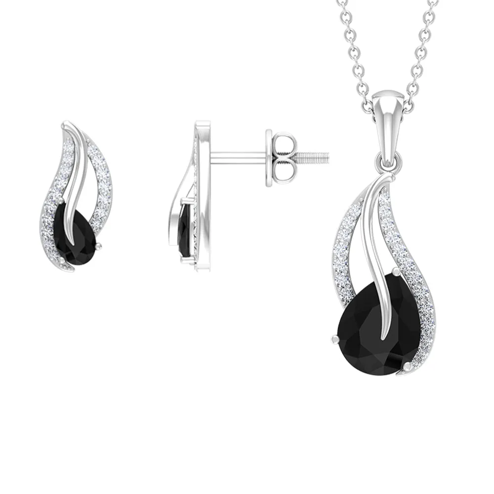 Minimal Teardrop jewelry Set with 3 CT Pear Cut Black Onyx and moissanite stones