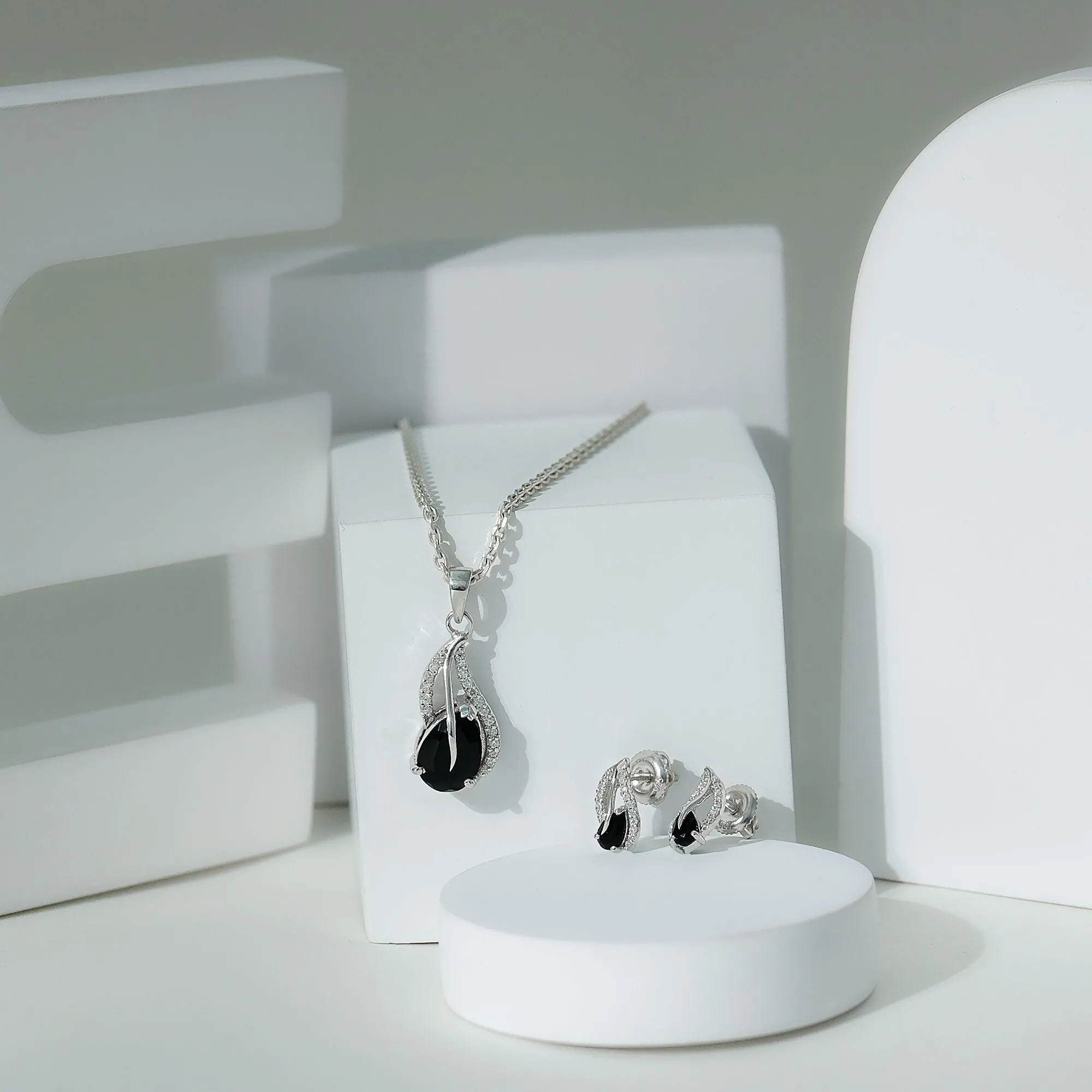 Minimal Teardrop jewelry Set with 3 CT Pear Cut Black Onyx and moissanite stones