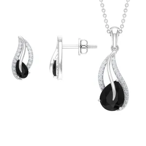 Minimal Teardrop jewelry Set with 3 CT Pear Cut Black Onyx and moissanite stones