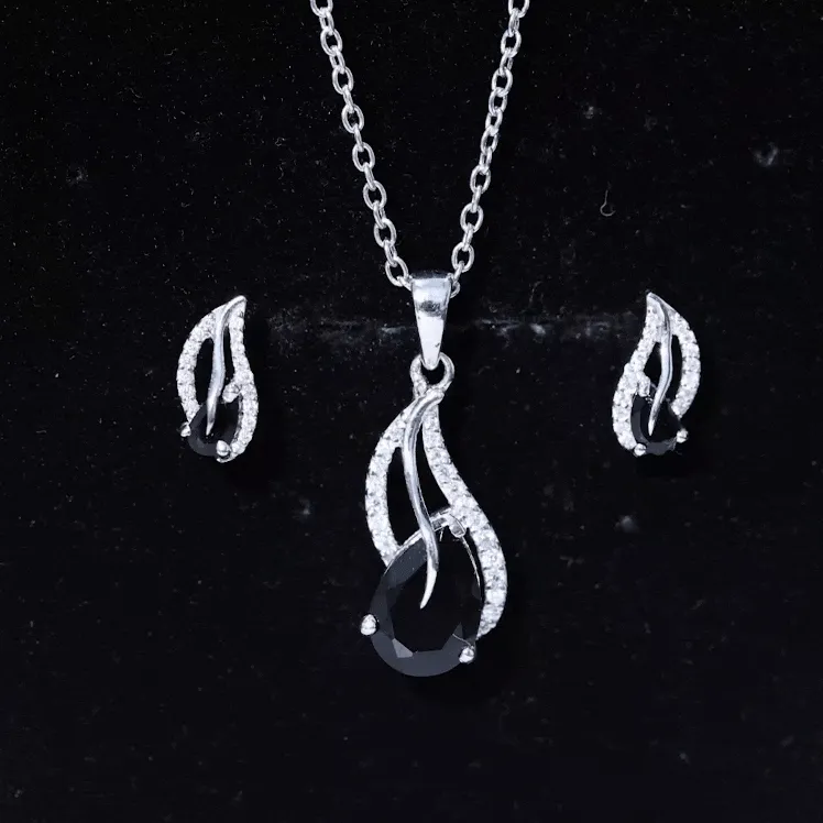 Minimal Teardrop jewelry Set with 3 CT Pear Cut Black Onyx and moissanite stones