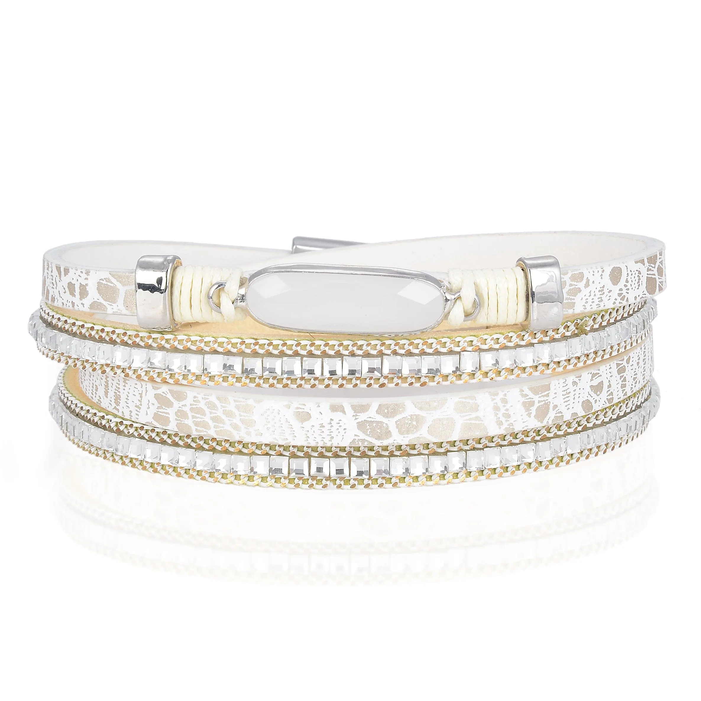 Multiple Strand White Bracelet with Natural Gemstone and Magnetic Clasp