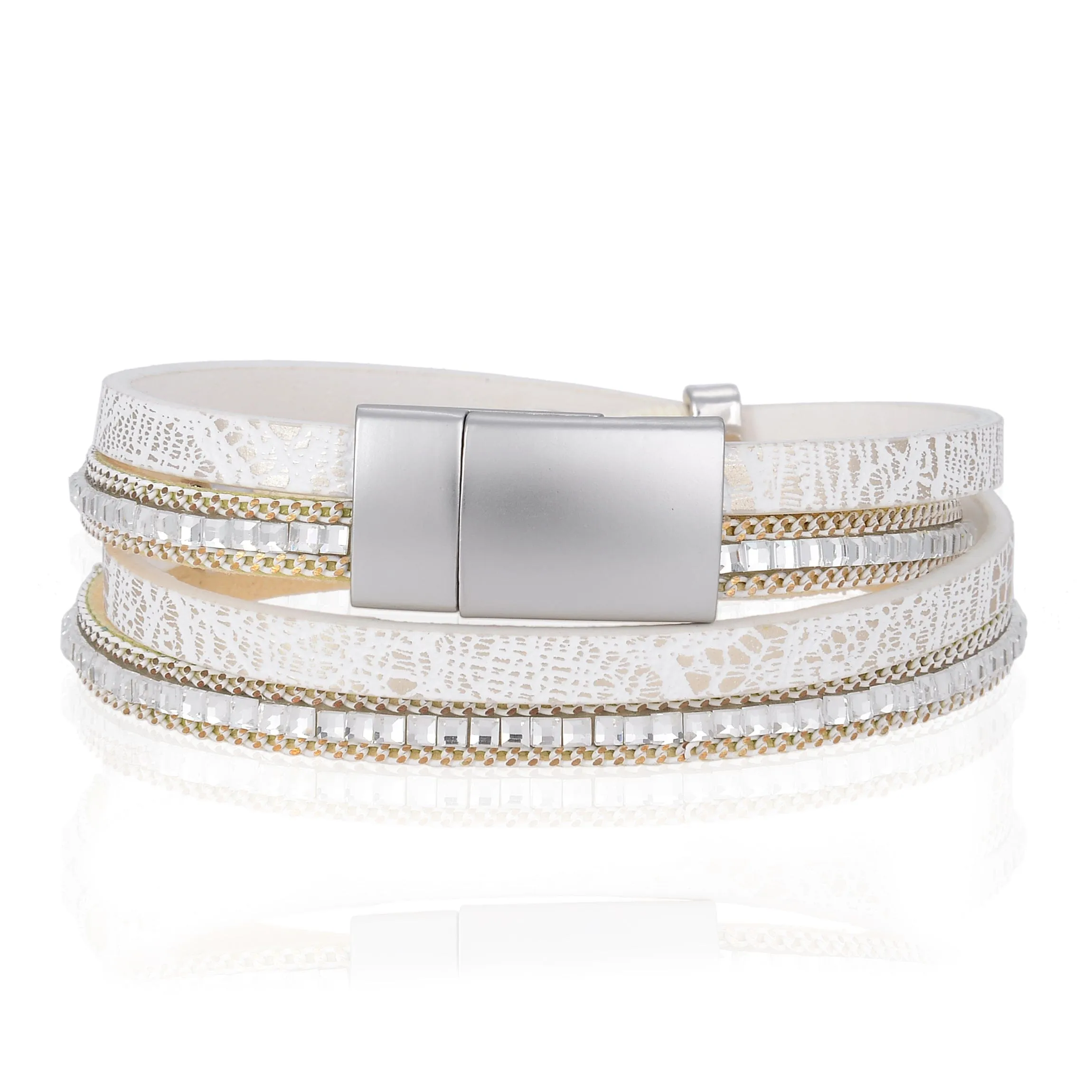 Multiple Strand White Bracelet with Natural Gemstone and Magnetic Clasp