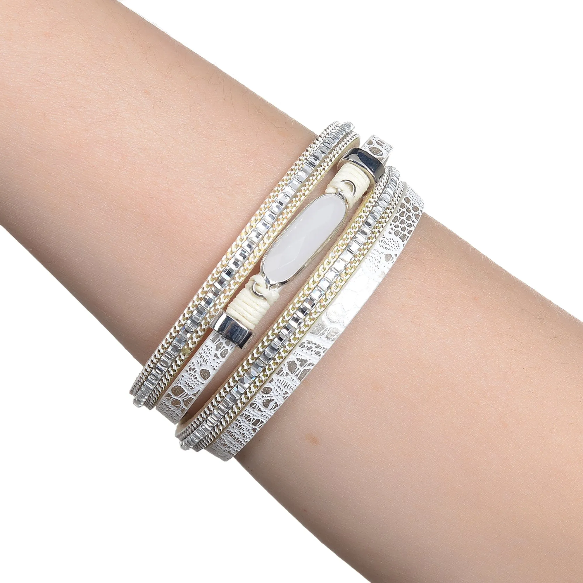 Multiple Strand White Bracelet with Natural Gemstone and Magnetic Clasp