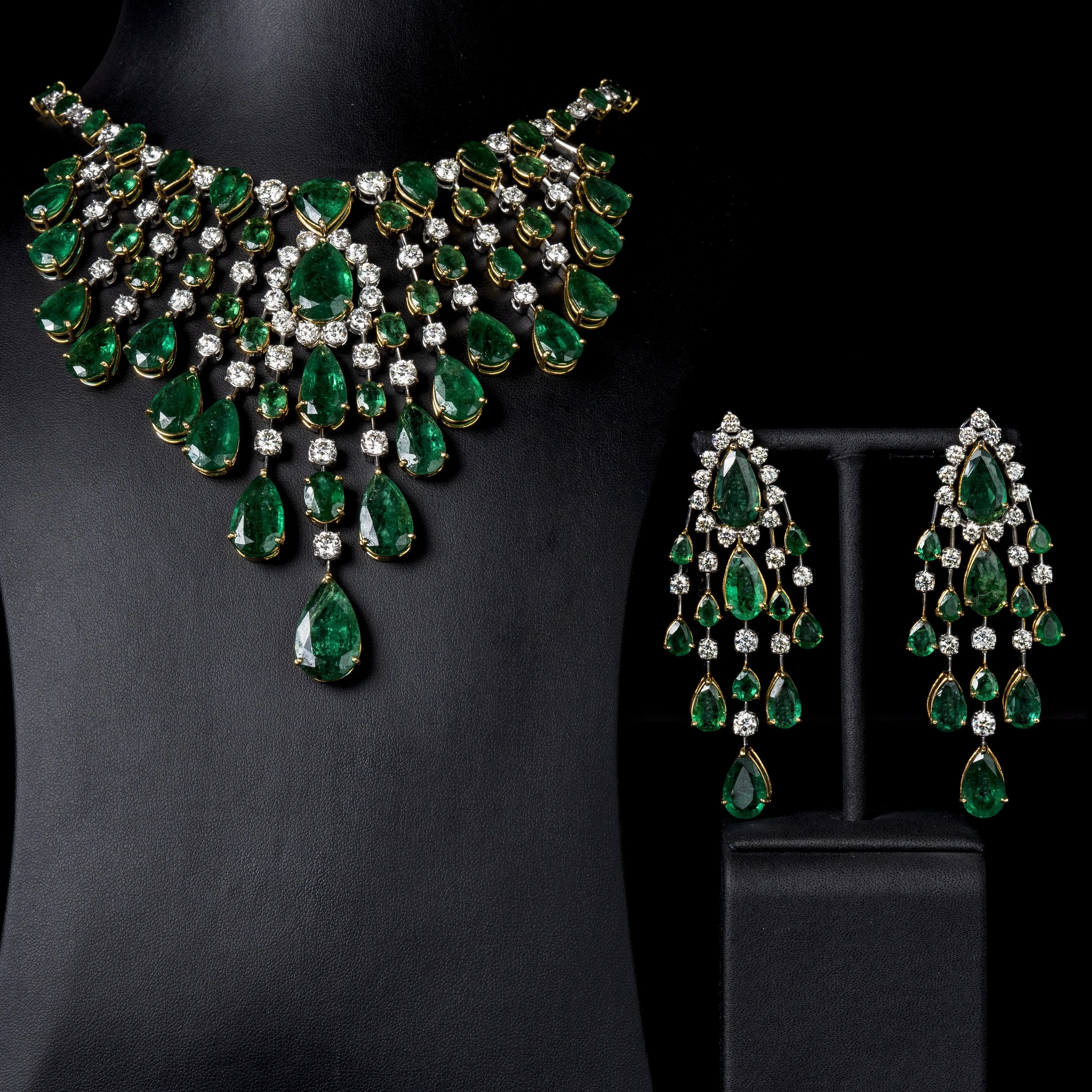 Nritya Emerald & Diamond Necklace & Earrings Suite (179.54 ct Gemstones) in Gold