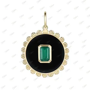 Onyx Diamond & Emerald Round Pendant 20mm