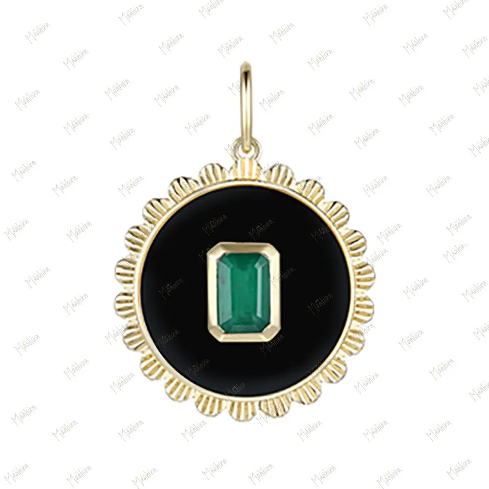 Onyx Diamond & Emerald Round Pendant 20mm