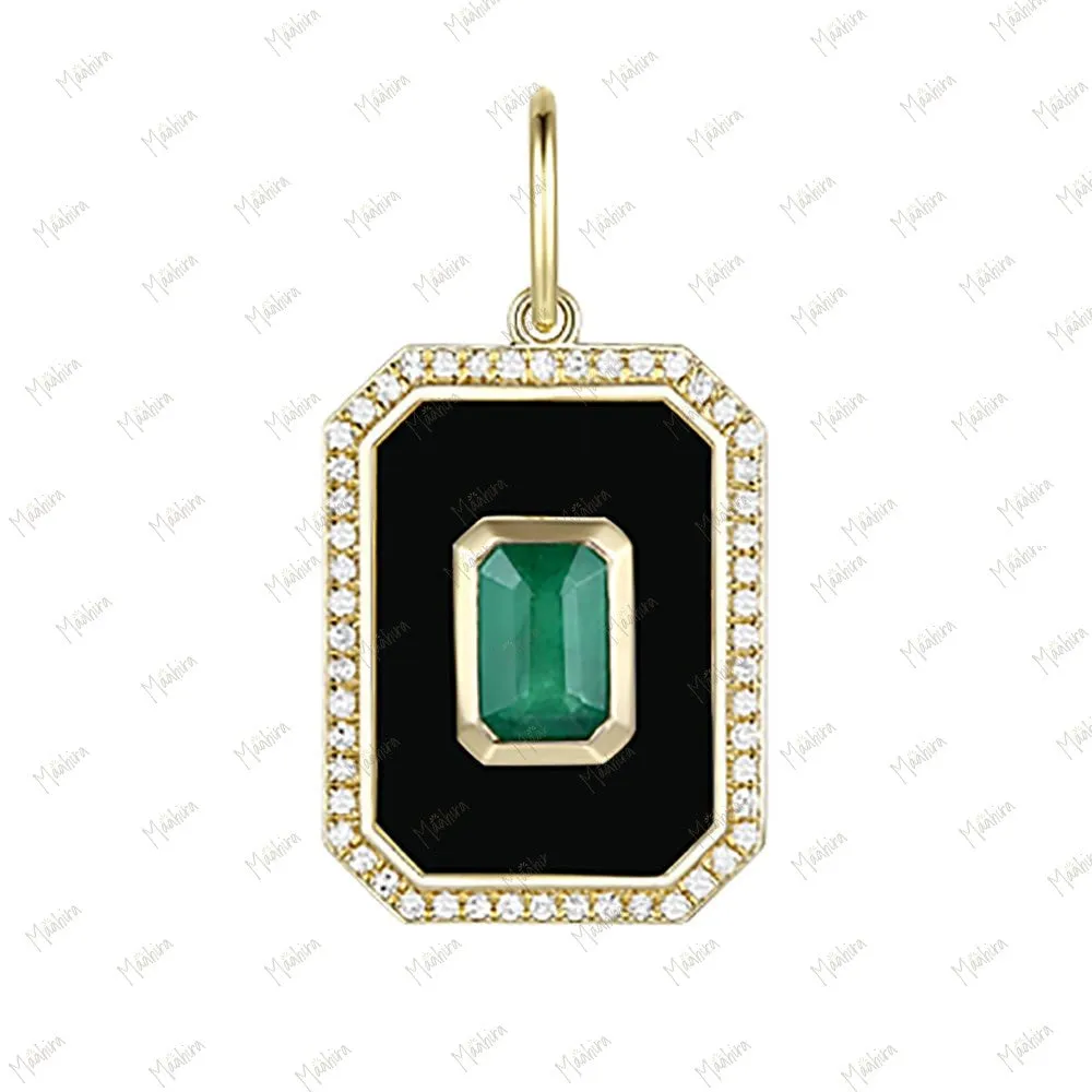 Onyx Diamond & Emerald Round Pendant 20mm