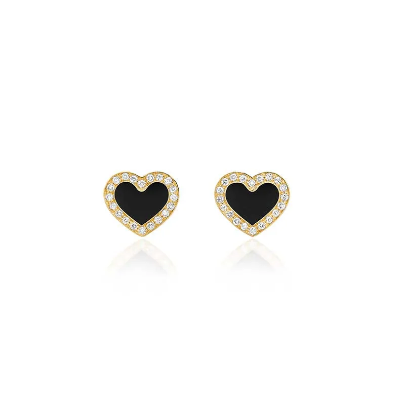 Onyx Inlay Heart Studs with Diamonds