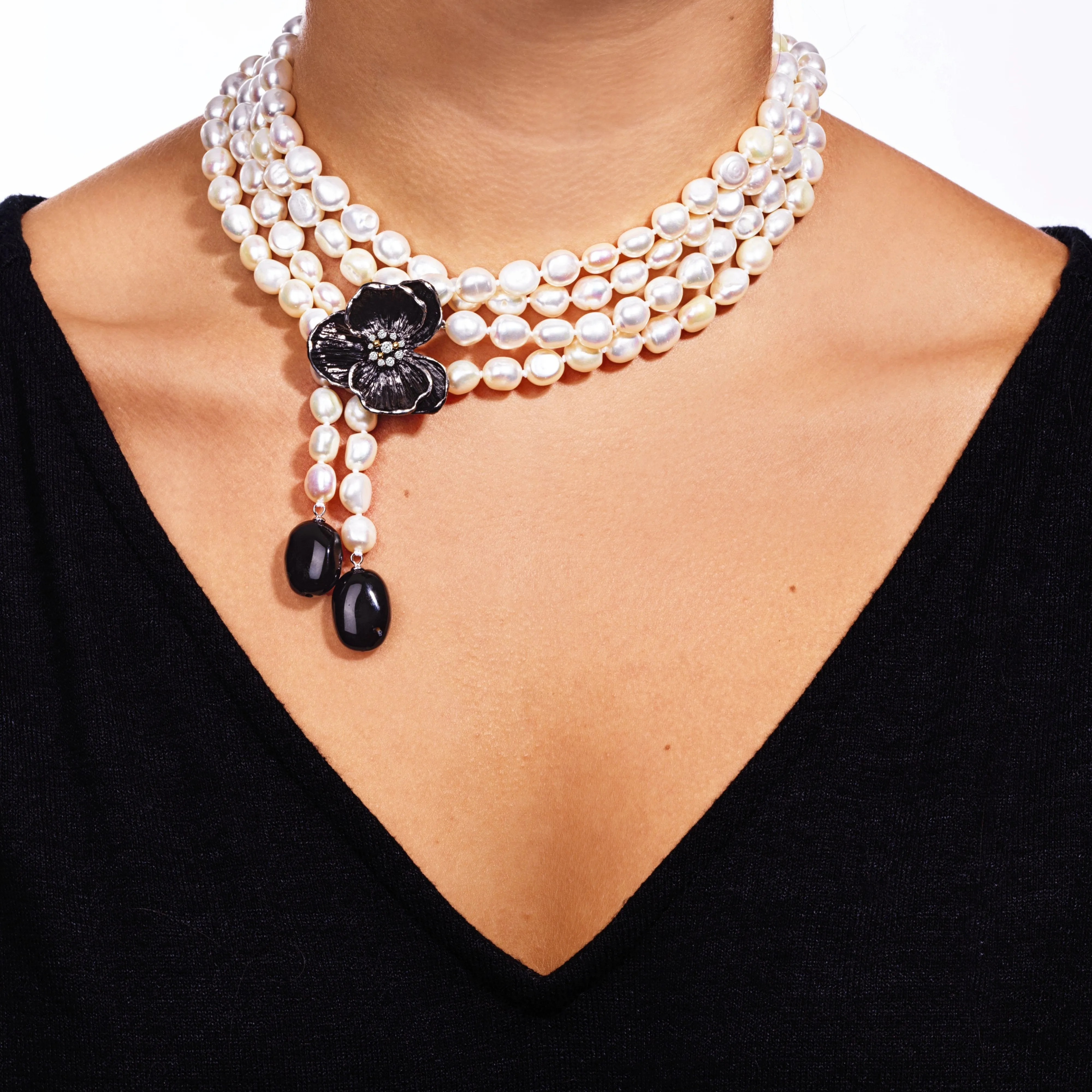 Orchid Lariat Necklace with Pearls, Black Onyx and Diamonds
