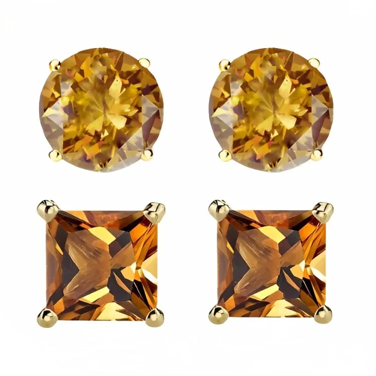 Paris Jewelry 18k Yellow Gold 2 Pair Created Citrine 4mm Round & Princess Cut Stud Earrings Plated