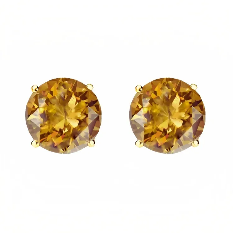 Paris Jewelry 18k Yellow Gold 2 Pair Created Citrine 4mm Round & Princess Cut Stud Earrings Plated