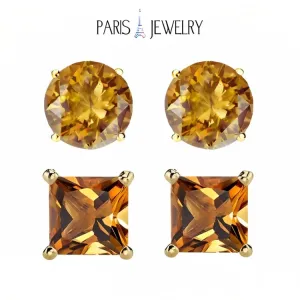 Paris Jewelry 18k Yellow Gold 2 Pair Created Citrine 4mm Round & Princess Cut Stud Earrings Plated