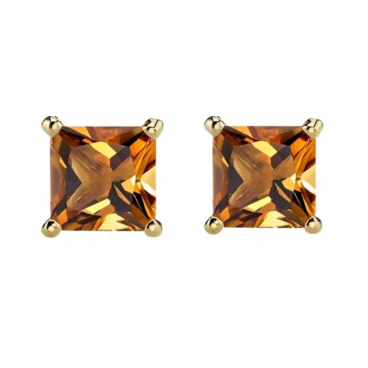 Paris Jewelry 18k Yellow Gold 2 Pair Created Citrine 4mm Round & Princess Cut Stud Earrings Plated