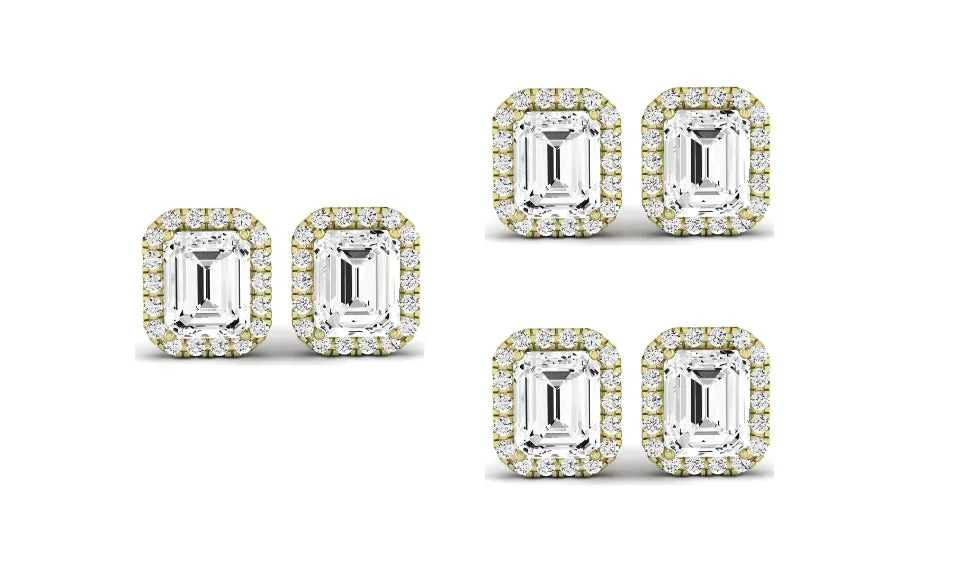 Paris jewelry 18k Yellow Gold 6mm 4Ct Emerald Cut White Sapphire Set Of Three Halo Stud Earrings Plated
