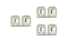 Paris jewelry 18k Yellow Gold 6mm 4Ct Emerald Cut White Sapphire Set Of Three Halo Stud Earrings Plated