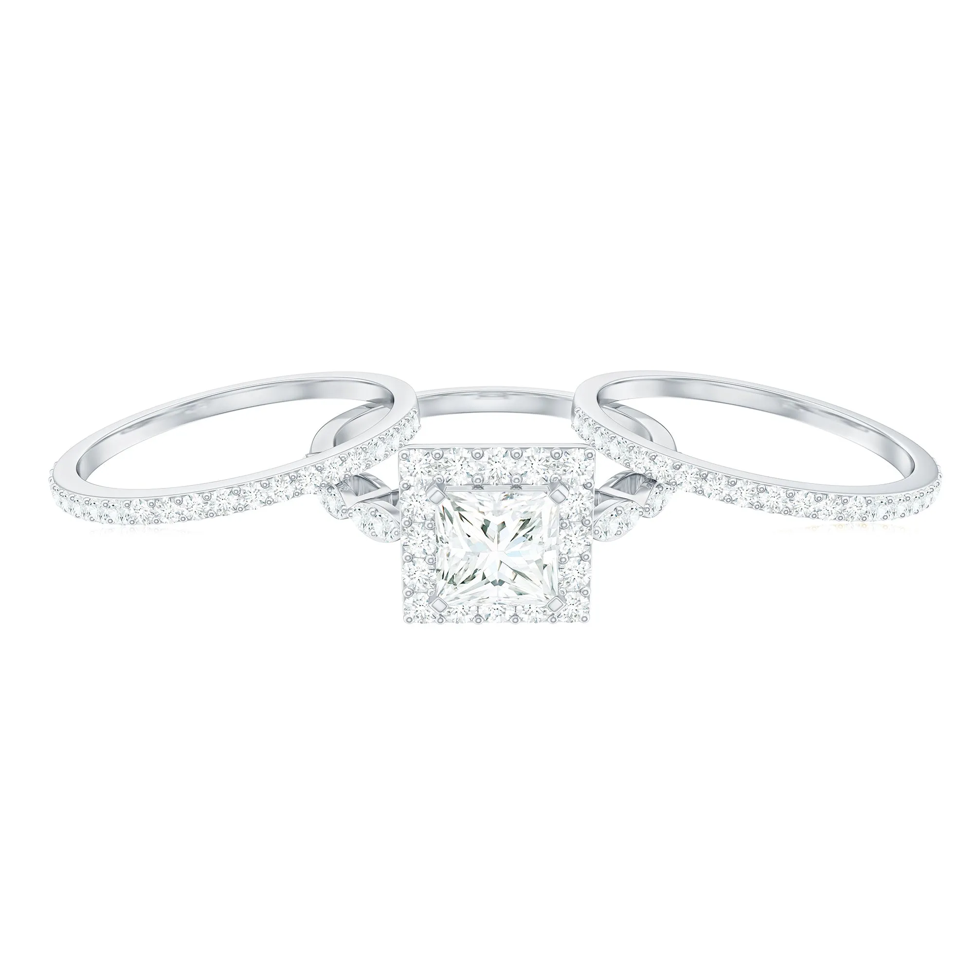 Princess Cut Moissanite Halo Bridal Ring Set