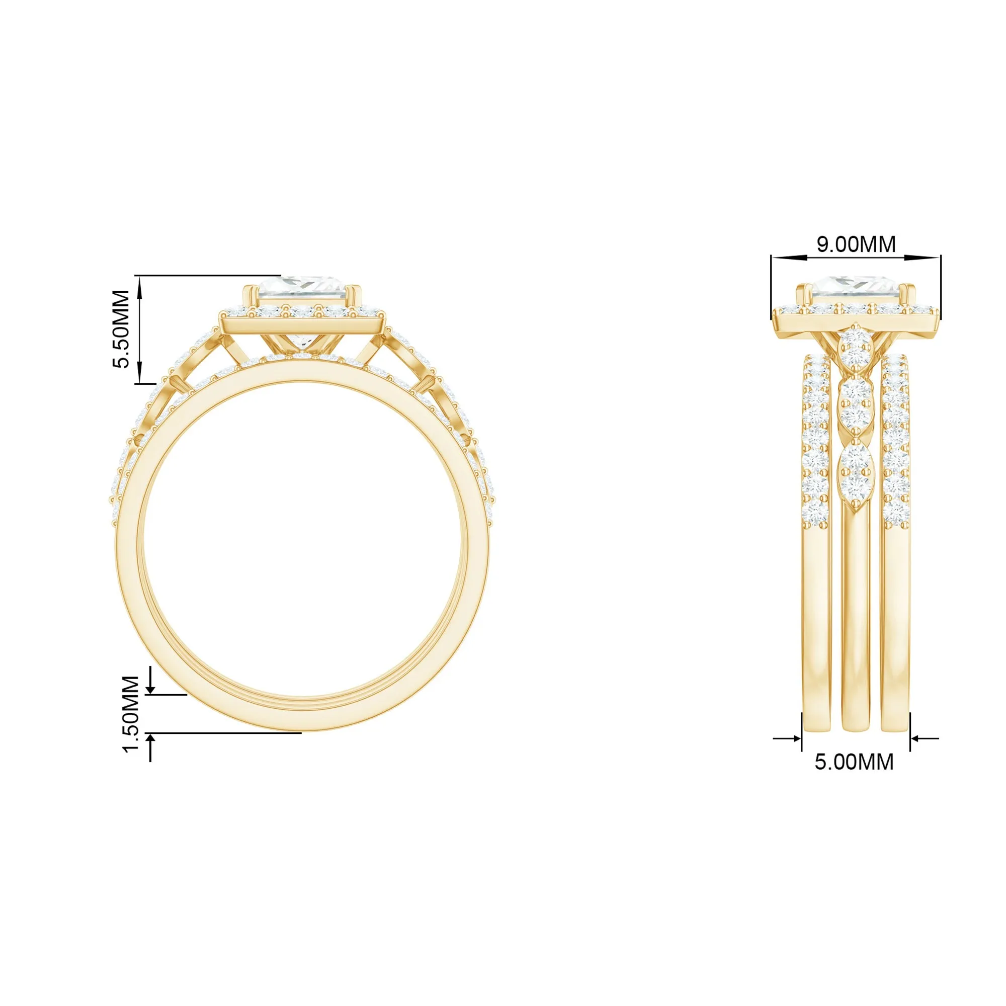 Princess Cut Moissanite Halo Bridal Ring Set